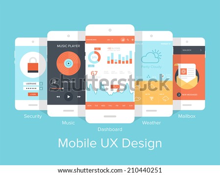 Flat vector collection of modern mobile phones with different user interface elements. Royalty-Free Stock Photo #210440251