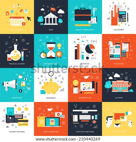 Vector collection of flat and colorful business and finance concepts. Design elements for web and mobile applications. Royalty-Free Stock Photo #210440269