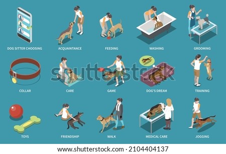 Dog sitter walker isometric set with feeding and washing symbols isolated vector illustration