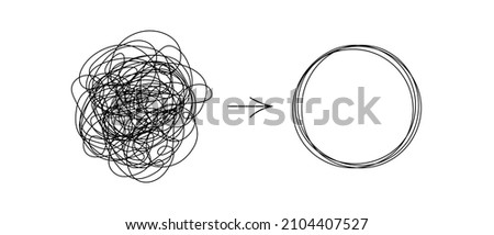 Chaotically tangled line and untied knot in form of circle. Psychotherapy concept of solving problems is easy. Unravels chaos and mess difficult situation. Vector illustration Royalty-Free Stock Photo #2104407527
