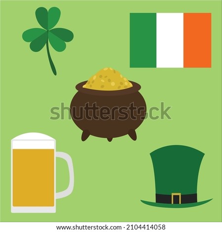 Vector sticker pack on the theme "St. Patrick's Day": a three-leaf clover, a pot of gold, the flag of Ireland, a beer mug and a leprechaun hat