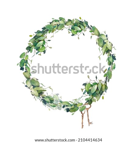 Watercolor garden wreath. Leaves wreath with vintage keys. Romantic wedding or business label isolated on white background.