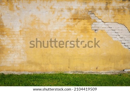 Old yellow plaster and brick wall with green grass. Architectural detail background.