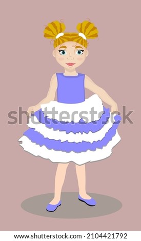 
Little girl in dress. 
Festive puffy dress. 
Curly redhead girl. A cute baby. Child. Curly hairstyle.
