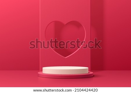 Realistic red and white 3D cylinder pedestal podium with window heart shape background. Valentine minimal scene for products showcase, Promotion display. Vector abstract studio room  platform design. Royalty-Free Stock Photo #2104424420