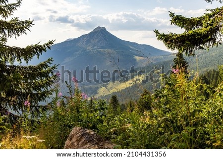 view from Hajla peak of Rugova valley and mountains and Prokletije national park in Northern Kosovo along the border to Montenegro Royalty-Free Stock Photo #2104431356