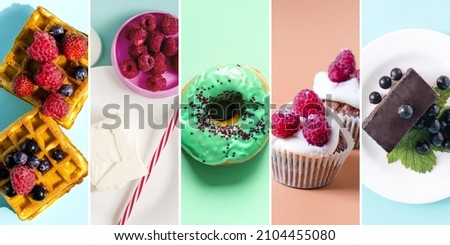 A set of pictures with colorful desserts. Bright donuts, ice cream, waffles, cupcakes and halva on a colored background, a collage of confectionery