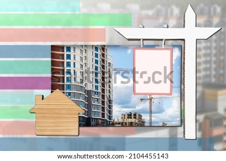 The concept of mortgage, sale and rental of housing and real estate. A sign about the sale or lease of a house against against the background of a business card with a modern house. Copy space