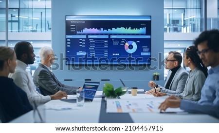 Office Conference Room Meeting: Multi-Ethnic Team of Businesspeople, Inverstorrs, IT Engineers Watch e-Commerce Social Media Software App Presentation. Animation of UI UX Working, Customer Support