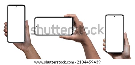 Hand holding Smartphone iPhone  and isolated on white background for your mobile phone app or web site design, logo Global Business technology - include clipping path. (Businessman hand iPhone 14)