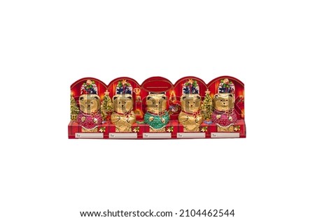 isolated on white background set of chocolate teddy bears in golden wrapper