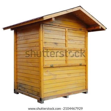 Wooden shed stall market stand or log cabin house isolated on white background. Object made of wood for selling stock Royalty-Free Stock Photo #2104467929