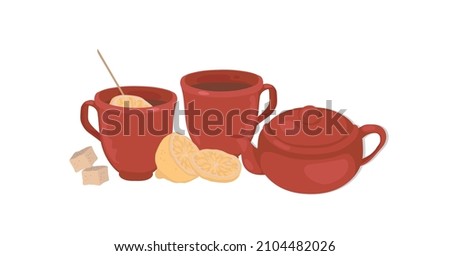 Ceramic mugs and teapot for a cozy home tea time. Hot tea with lemon and sugar cubes. Vector colorful element on a white background. 