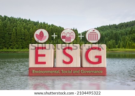 Landscape with a lake and a 3d illustration meaning Environmental Social and Governance