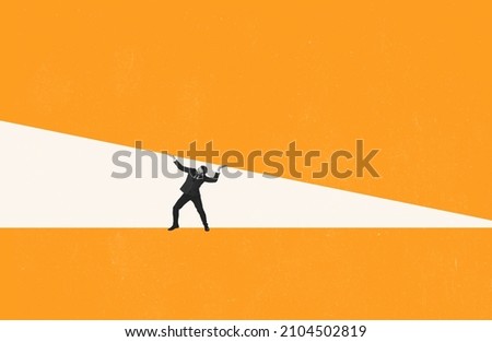 Contemporary art collage. Businessman standing under heavy pressure. Working conditions. Concept of struggle, failure, success, competition, motivation, concentration, crisis, fear Copy space for ad Royalty-Free Stock Photo #2104502819