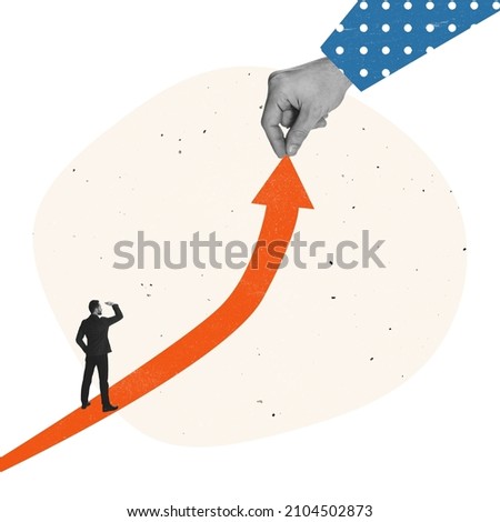 Prediction. Contemporary art collage. Businessman standing on arrow going upwards symbolizing career growth. Concept of professional success, growth, profit, motivation, overview, leadership and ad