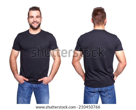 Black t shirt on a young man template on white background Royalty-Free Stock Photo #210450766