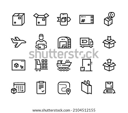 Shipping line icons. Outline box package, warehouse mail tracking and cargo transport pictograms. Vector editable line stroke set