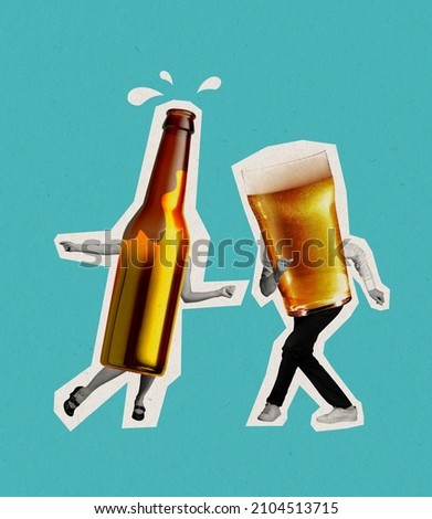 Dancing beer bottle and glass on human legs. Contemporary art collage. magazine style. Concept of festival, holidays, national traditions, drinks and snacks, oktoberfest, ad and sales. Royalty-Free Stock Photo #2104513715