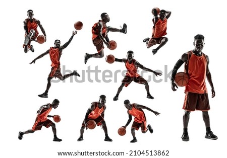 Development of movements. Collage made of images of professional basketball player in sports uniform with ball in motion, action isolated on white studio background. Motion, action, sport concept Royalty-Free Stock Photo #2104513862