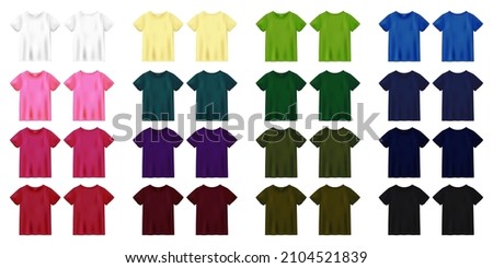 Unisex colored t shirt mock up. T-shirt design template. Pink, red, green, blue, black, white, yellow, malachite, purple, burgundy, khaki. Short sleeve tee. Front and back views. Vector illustration. Royalty-Free Stock Photo #2104521839