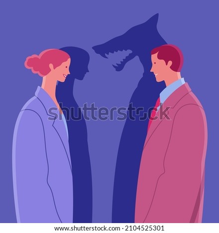 Couple of business people in which man pretends kindness and hides predatory intent. Profile portrait of eye to eye couple. Insincerity in relationship.
 Royalty-Free Stock Photo #2104525301