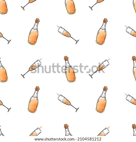 Vector pattern with bottles and a glass of white wine on a white background, Alcohol in a glass bottle, Illustration for packaging, cafes, bars, products.