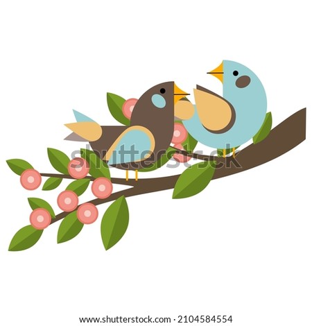Two birds sit on branches of a tree with leaves and flowers. Geometric vector composition for spring and Easter