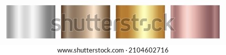 Gold rose, silver, bronze and golden foil texture gradation background set. Vector shiny metalic gradients for border, frame, ribbon, label design