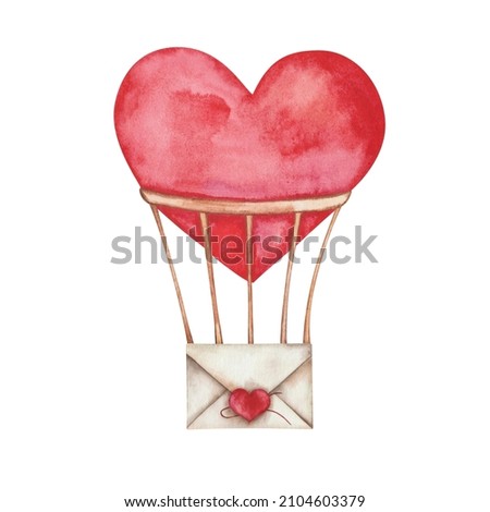 Watercolor illustration of hand painted red air ballon in heart shape with envelope. Isolated on white clip art design element for birthday postcard, wedding invitation. Love card for Valentine's Day