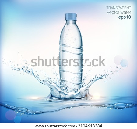
Transparent realistic vector mineral water plastic bottle for your advertising with water splash and drops. Blue background 
