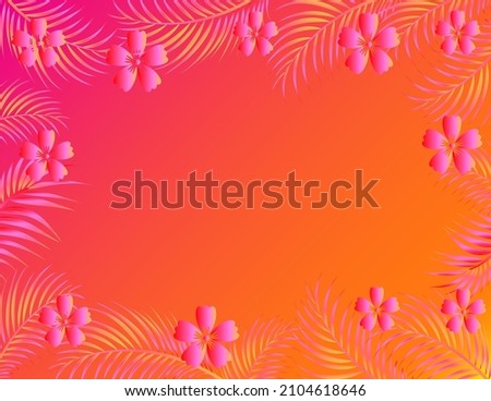 Summer tropical orange background for text. Exotic multicolor palm leaves and flowers border with copy space. Eps 10, editable vector illustration.