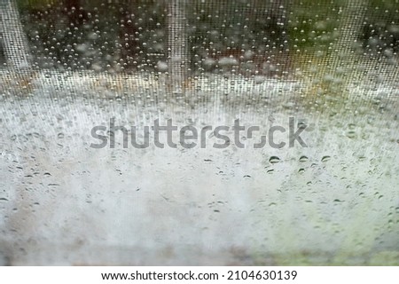 Blurred background, texture of drops on glass of window and mesh texture