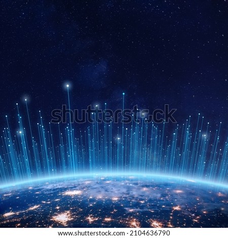 Communication technology with connections around Earth viewed from space. Internet, IoT, cyberspace, global business, innovation, big data science, digital finance, blockchain. Elements from NASA Royalty-Free Stock Photo #2104636790