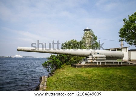 Southern Sweden, Karlskrona, Stumholmen Island, naval artillery piece Royalty-Free Stock Photo #2104649009
