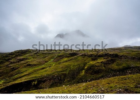 cloud-shrouded mountains around Borgarfjordur Eystri in Eastern Iceland