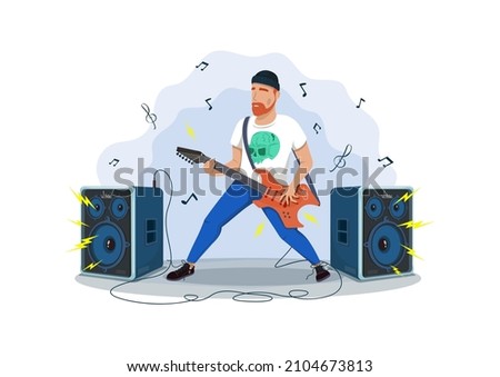 Concept of rock. Energetic and fast music. Heavy metal, punk or indie music. Person standing on scene with electric guitar, performance of singer. Live sound. Cartoon flat vector illustration