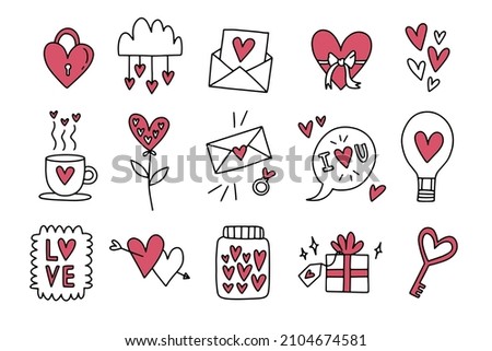 Outline doodle love theme set, romance, February 14, Valentine's Day. Design elements, white background. Inscriptions. Cute cartoon style. 