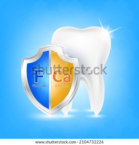 label aluminum healthy tooth. Teeth healthy sparkling white with calcium and fluorine. Can be used in children dentist clinic. Medical health and dentistry concept. Vector EPS10.