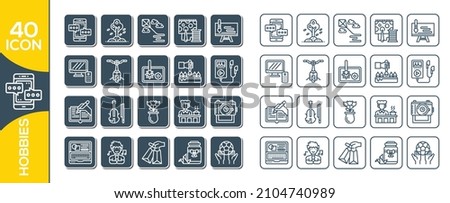 Vector hobby icons. Hobbies set on white background Contain Such Icon as Cooking, Singing, Fishing, Football, Knitting, Shopping, Travelling, Cycling, Bakery, Chess,diving, dancing, reading, drawing.
