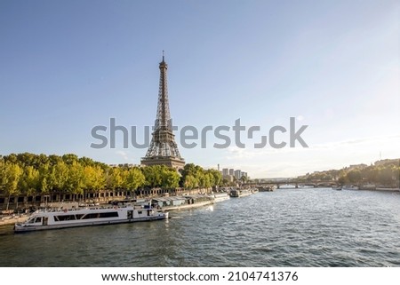 Beautiful Landscape panoramic view on the Eiffel tower and Seine river during the sunny day in Paris