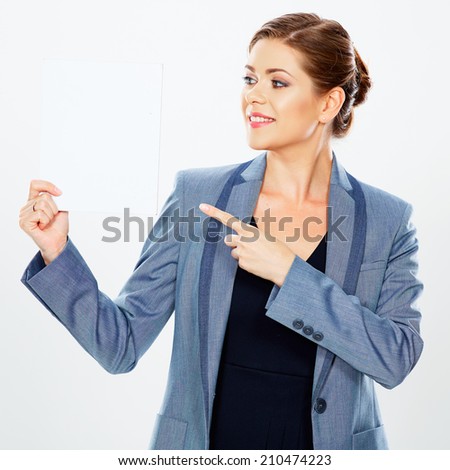 Business woman hold banner, finger pointing. Isolated white background.