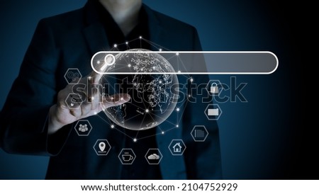 Data search engine optimization browser webpage technology internet networking business concept, Search browsing internet connecting worldwide gray background, hand touching search bar business.
