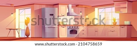 Kitchen interior with dining table, counter, fridge, stove and cupboards. Vector cartoon illustration of empty room for cooking in apartment with retro furniture, hood and plants Royalty-Free Stock Photo #2104758659