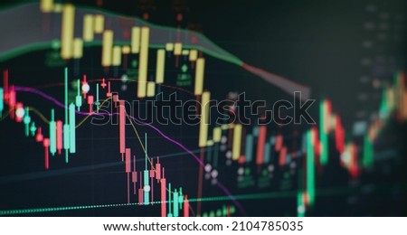 Indicator, red and green candlestick chart on blue theme screen, market volatility, up and down trend. Stock trading, crypto currency background.
