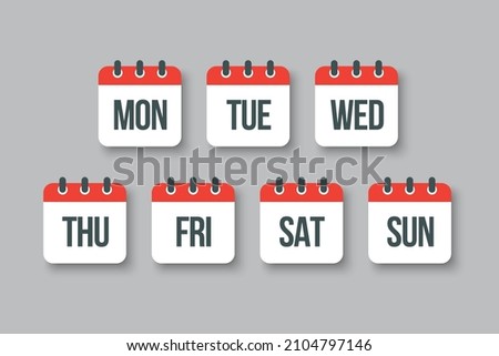 Vector set square icon pages calendar, days of the week - Sunday, Monday, Tuesday, Wednesday, Thursday, Friday, Saturday. Date days to-do list. Reminder, schedule line simple sign. Organizer concept Royalty-Free Stock Photo #2104797146