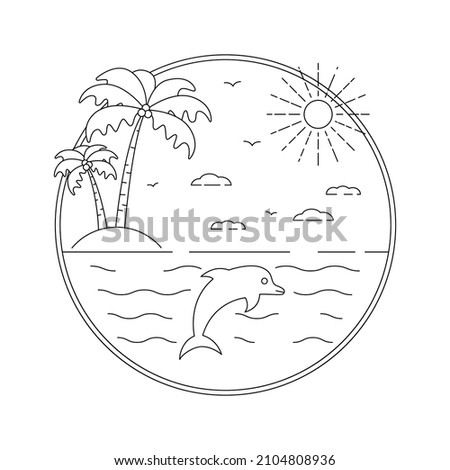 Ocean wildlife. Monoline outdoor nature. Flat vector illustration