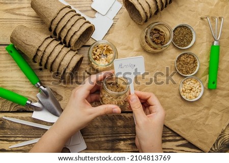 Top view of seeds and garden tools on a wooden background. Growing seedlings using peat cups. The concept of spring gardening at home. Women's hands hold a sign with the inscription.