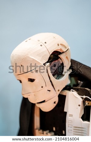 The head of a robot. Artificial intelligence. The robot says. A look at the machine. Exhibition of robots. High quality photo