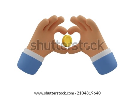 3d icon, love money concept. Hands making heart shape gesture with golden coin. Vector cartoon charity symbol clip art.
